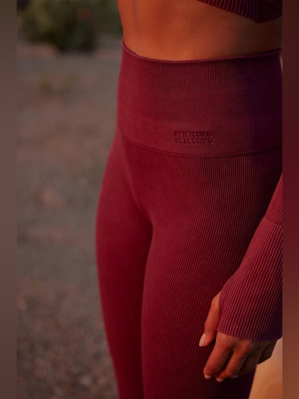 Spiritual Gangster ribbed Brick Red Leggings Tan Trim Size Medium Self Love - Picture 10 of 10